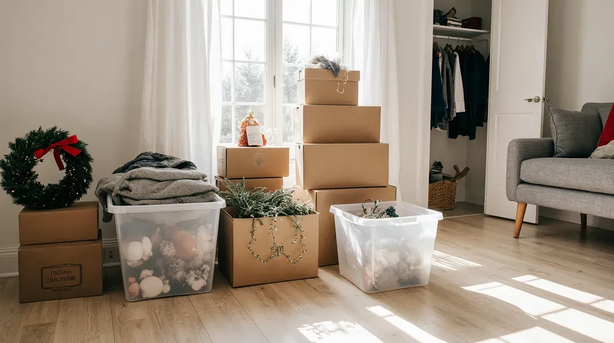 Bright, naturally lit living room in early January with neatly stacked cardboard moving boxes and clear plastic storage...