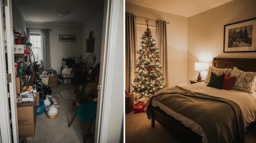 Side-by-side comparison of a guest bedroom before and after holiday decluttering. The left side shows a cluttered room...