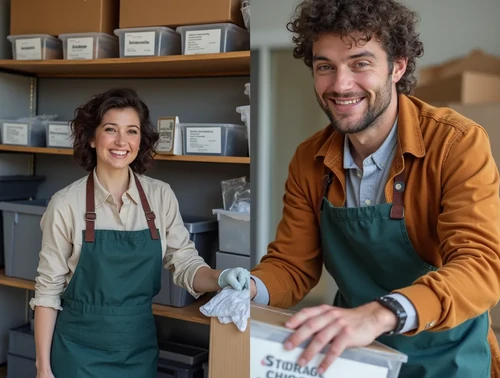 Two cheerful online business owners organize and manage their product inventory in a self-storage unit, using labeled...